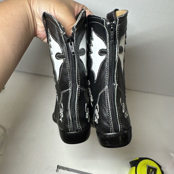 Toddler Cowboy Cowgirl Boots Genuine Leather Black & White Embroidered Sz 7 Zip - Picture 6 of 10
